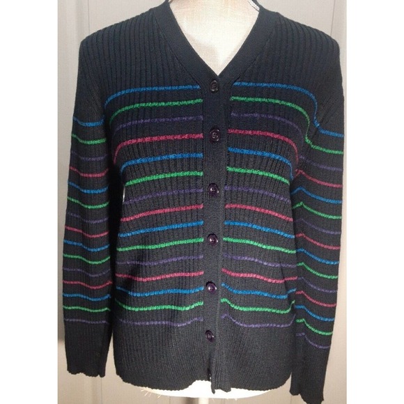 Pendleton Cardigan dark blue with colorful stripes women's sweater med academia - Picture 2 of 9